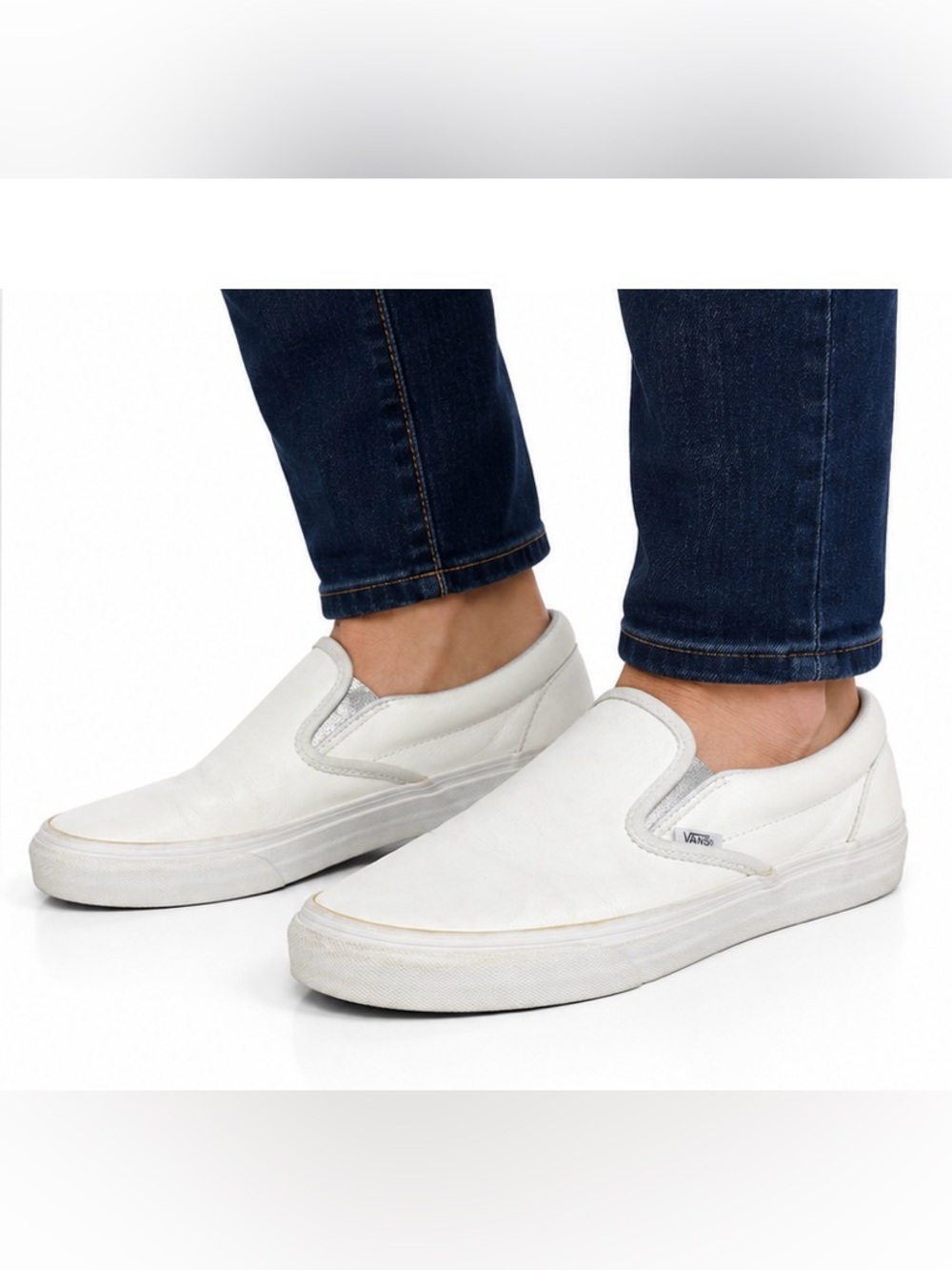 Vans White Slip-On Leather Loafers Size 8